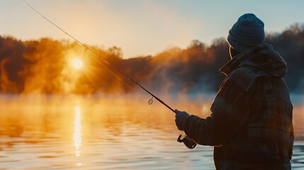 A person fishing at sunrise on a serene lake, casting a fishing rod with a misty background and a beautiful sunrise glow.
