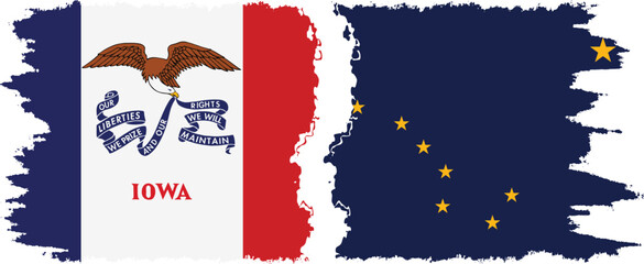 Alaska and Iowa states grunge brush flags connection, vector