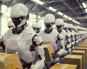 Robots working on an automated production line in a futuristic factory, handling boxes efficiently in synchronized motion