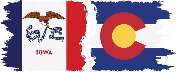 Colorado and Iowa states grunge brush flags connection, vector