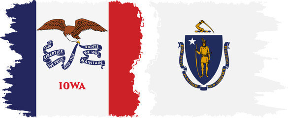 Massachusetts and Iowa states grunge brush flags connection, vector