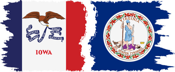Virginia and Iowa states grunge brush flags connection, vector