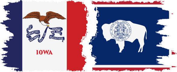 Wyoming and Iowa states grunge brush flags connection, vector