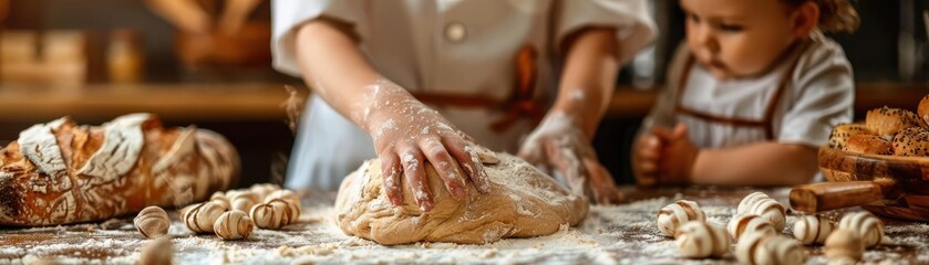 Close-up of a child's hands mixing bread dough with a chef, focus on, whimsical, composite, rustic kitchen backdrop