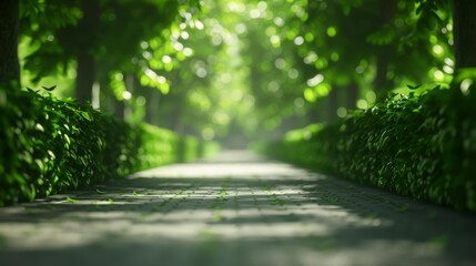 Fototapeta premium A scenic path in a green park with sunlight filtering through the tree canopy, creating a tranquil and serene atmosphere.
