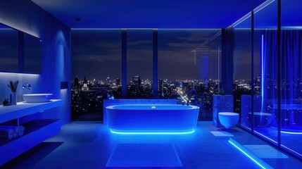 Modern bathroom with a cityscape view at night. The room is illuminated with blue lighting, featuring a freestanding bathtub, a vanity with a sink, a toilet, and a glass enclosure