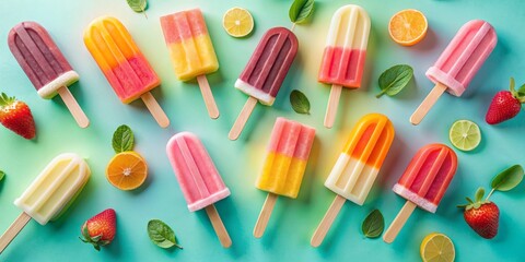 Flat lay popsicles pastel background fruit