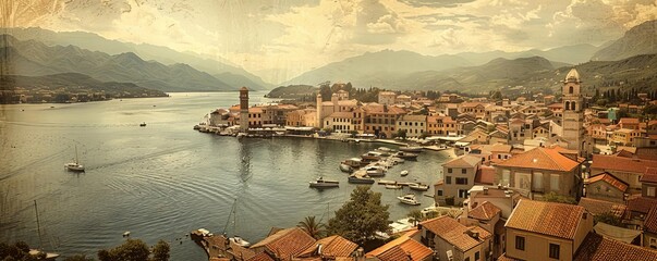 Aerial shot of a picturesque coastal town with charming buildings and a bustling harbor, Vintage, Sepia, Sketch, nostalgic and warm seaside ambiance