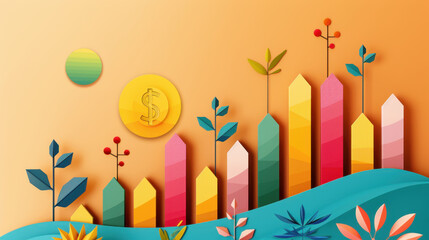 Obraz premium Colorful financial growth illustration with dollar sign and abstract plants in paper cut style on orange background