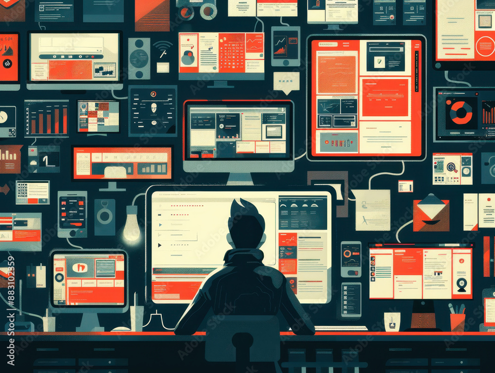 Poster person working at a desk surrounded by multiple screens and digital interfaces in a modern control r