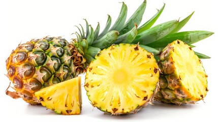 Fresh pineapple fruit with sliced isolated on white background. Tropical fruit, ripe, juicy, healthy eating concept.