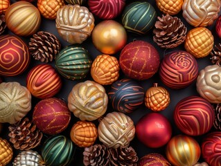 Obraz premium Colorful Christmas Ornaments, Festive Decorations, Holiday Baubles, Ornament Collection, Christmas Decor, Holiday Ornament, Christmas Ornament Set, Christmas Baubles, Red and Gold Ornaments, Holiday