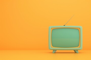 Vintage green retro television isolated on right side of on an orange background with copy space