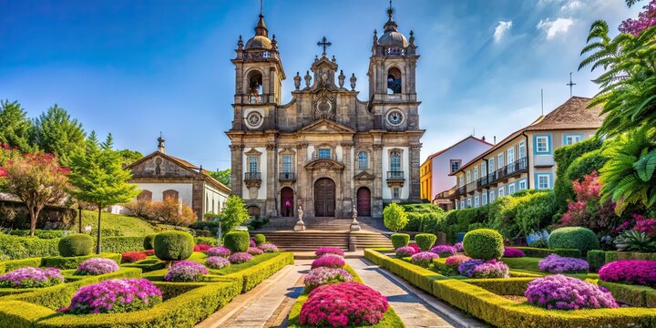 Ancient church surrounded by plants and flowers in sunny Braga, Portugal, Braga, Portugal, church, ancient, plants