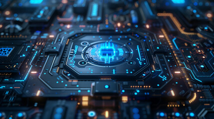 Fototapeta premium Intricate Network of Futuristic Circuitry and Processors Illuminated with Blue and Orange Hues