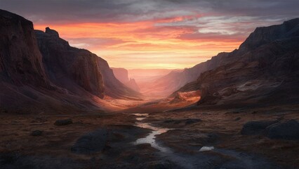 Fototapeta premium Soft rays of golden light dance across the valley, casting a warm glow on the rolling hills and verdant fields