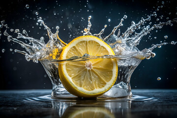 A splash of water surrounds a lemon slice. The water droplets are scattered around the lemon, creating a sense of movement and energy. The image conveys a feeling of freshness and vitality