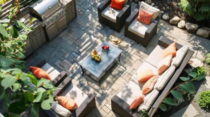 Patio furniture with grill and table.