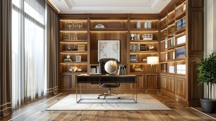 Luxury Home Office Interior with Bookcases and Globe.