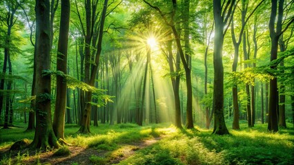 Obraz premium Background of a lush green forest with sunlight filtering through the trees, forest, nature, landscape, trees, green