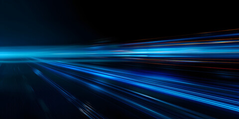 Acceleration speed motion on night road. Light and stripes moving fast over dark background. Abstract blue Illustration