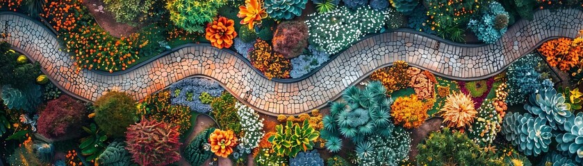 Drone perspective of a lively botanical garden festival with interactive floral exhibits, Fantasy, Bright, Watercolor, enchanting and lively event