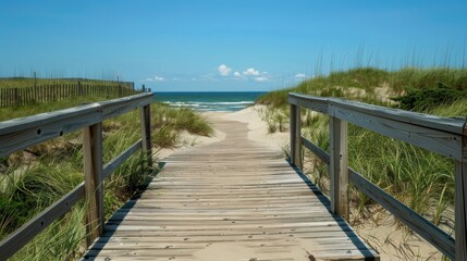 Fototapeta premium Serene Boardwalk Path to Sandy Beach - Tranquil Coastal Landscape Scene