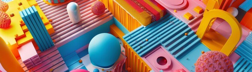 Drone perspective of a vibrant street festival with colorful decorations and diverse performances, Pop Art, Bold, 3D render, lively and multicultural celebration