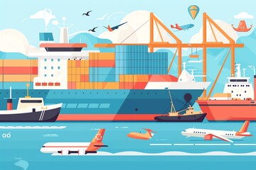 Fototapeta premium Import and export, ships and planes transporting goods, flat design illustration