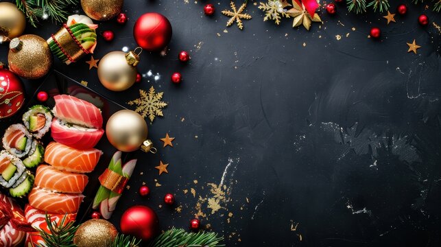 Festive Christmas sushi platter framed with holiday decorations on dark background, perfect for holiday food and celebration themes.