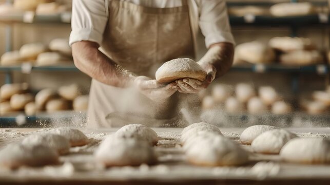 Baker preparing fresh bread loaves in a rustic bakery, surrounded by flour and dough. Artisan bread making in a traditional setting.
