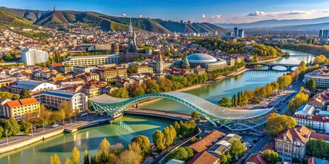Aerial view of downtown Tbilisi with the Peace Bridge over the Mtkvari River, Tbilisi, Georgia, aerial view