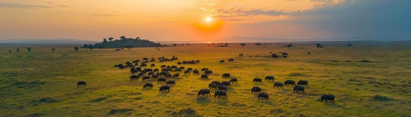 Drone shot of a serene wildlife reserve with diverse animals and natural landscapes, Realism, HighResolution, Photography, conservation and adventure