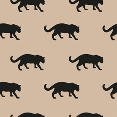 Seamless boho pattern with panthers, exotic motive. Hand drawn vector illustration. Repeating background with jungle animals. Trendy style for textile, wrapping, backdrop, card, decor, print, paper