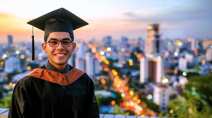 A young graduate in cap and gown smiles against a city skyline at sunset.