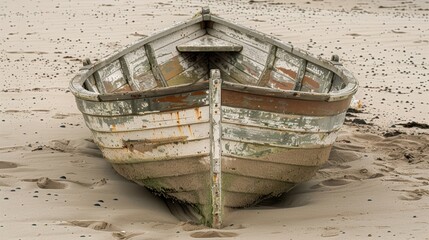 Obraz premium Serene Beauty of an Aged Wooden Boat Resting on the Shoreline