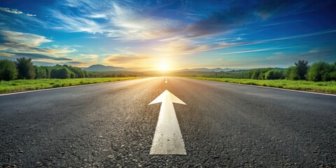 Asphalt road stretching into the distance with forward arrow symbol , motivation, progress, growth, direction