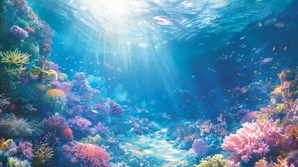 Vibrant coral reef, teeming with marine life, clear blue water, and sunlight streaming through