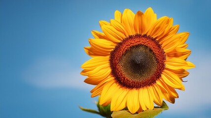Naklejka premium Isolated sunflower bloom with vibrant yellow petals and brown center against a blue sky, cheerful and bright 