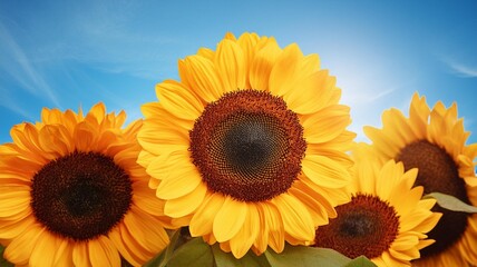 Fototapeta premium Isolated sunflower bloom with vibrant yellow petals and brown center against a blue sky, cheerful and bright 