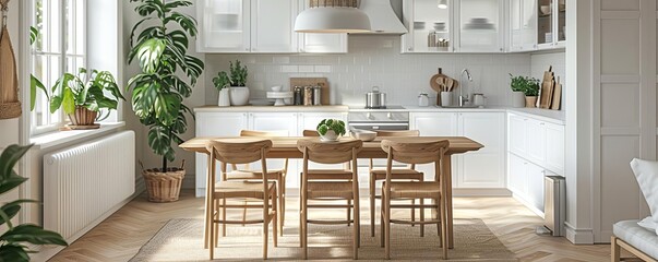 Clear view of a modern IKEA kitchen table with a natural wood frame and Scandinavian design, white background, Realistic, Soft lighting
