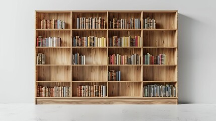 Clear view of a modern IKEA bookcase with a natural wood frame and streamlined design, white background, Realistic, Sharp focus