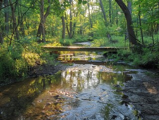 Peaceful woodland stream, dappled sunlight filtering through the trees, and a small wooden bridge