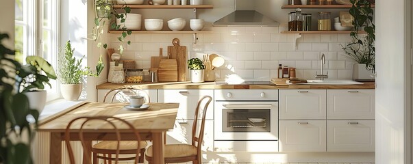 Clear view of a modern IKEA kitchen table with a natural wood frame and Scandinavian design, white background, Realistic, Soft lighting