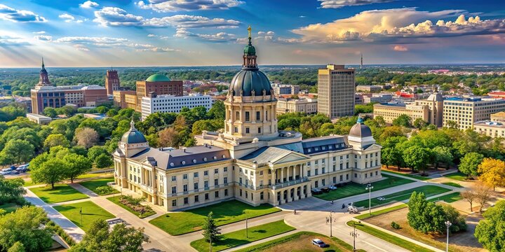 Aerial view of the State Capital Building in Topeka, Kansas, USA on a sunny mid day , government, architecture, landmark