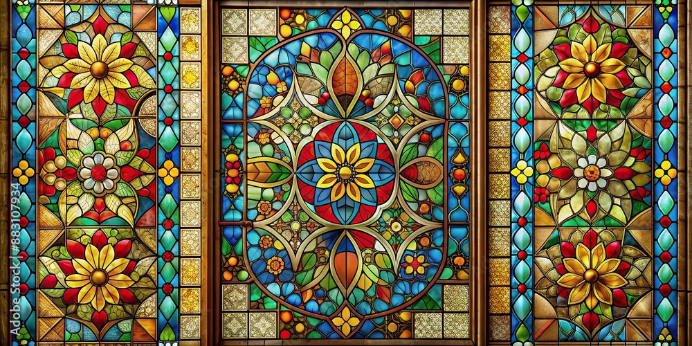 Poster artistic stained glass background featuring a blend of traditional and contemporary designs, stained