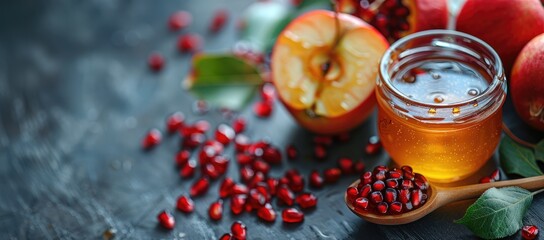 Festive symbol: rosh hashanah, beautifully essence of jewish new year celebration with traditional symbols such as shofar, apples, honey, pomegranates, reflecting cultural richness, spiritual renewal.