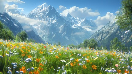 Fototapeta premium Serene alpine meadow with wildflowers, majestic mountain backdrop, and a clear blue sky