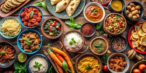 Fototapeta premium Assortment of international foods from around the world, global, cuisine, diverse, delicacies, multicultural, cooking