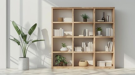 Clear view of a modern IKEA bookcase with geometric shapes and a natural wood frame, white backdrop, Vector art